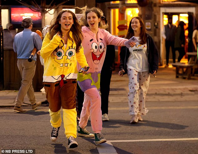 SpongeBob and Patrick look excited as they enjoy a night out in Leeds on Good Friday.