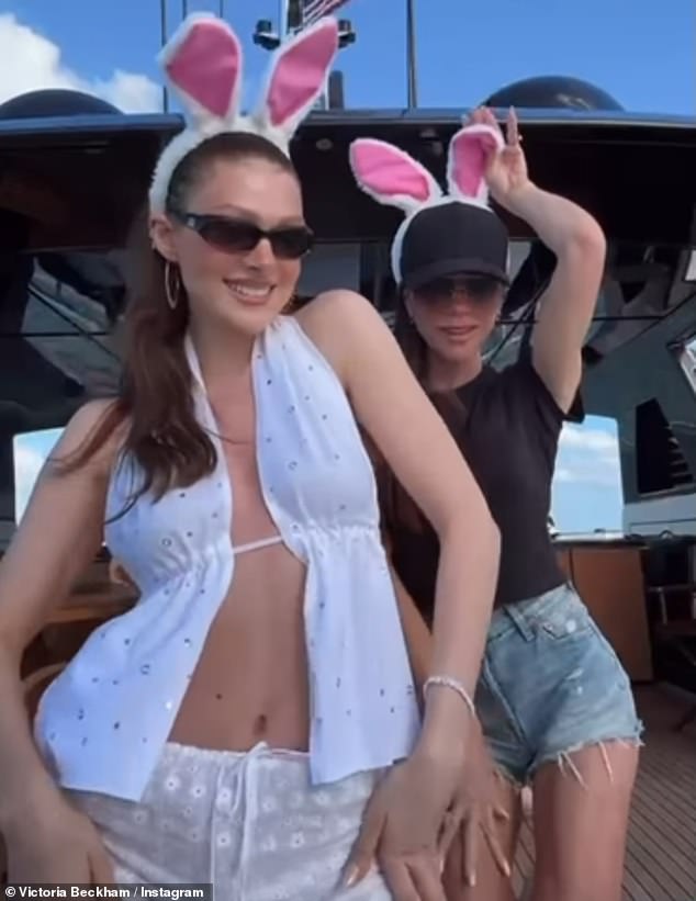 The Posh donned matching bunny ears with the heiress as they danced to the Spice Girls' hit Say You'll Be There aboard a sleek yacht.