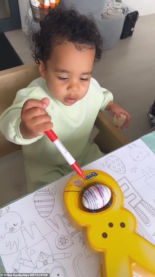 Khloe's son Tatum, 20 months, also tried out his decorating skills using a Peep egg decorator.