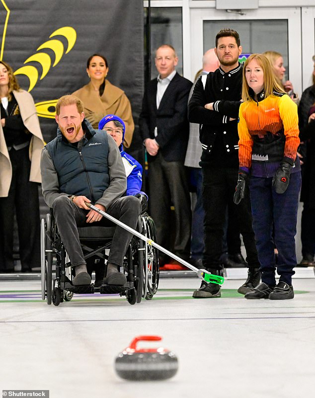 The Duke of Sussex and Michael Bublé curling on the final day of the event One year before the Invictus Games Vancouver Whistler 2025 on February 16, 2024