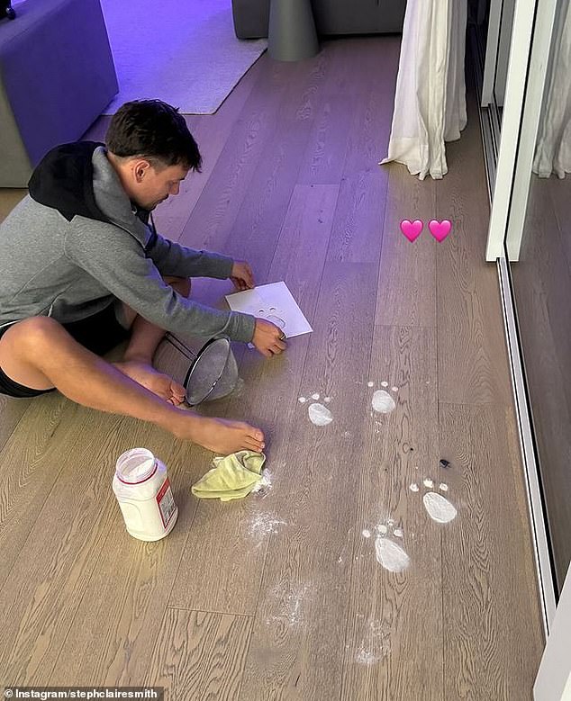 The night before, she had posted a video of her husband Josh Miller making preparations for the day while spreading flour on the floor in the shape of an animal footprint.