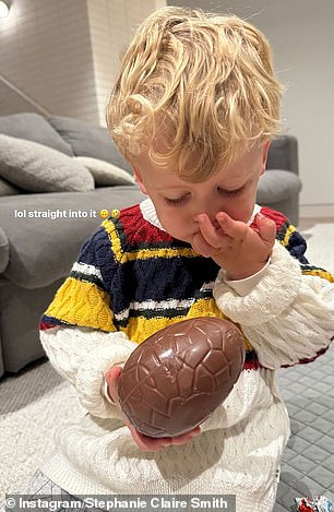 The fitness influencer shared adorable snaps of Harvey stuffing his chocolate Easter eggs.