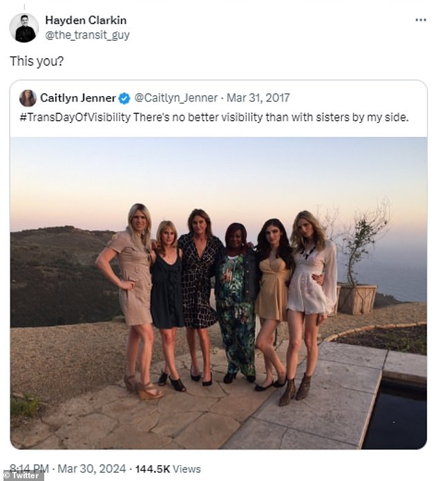 One viewer, apparently noting the irony of such an accusation coming from Jenner, shared a photo of the elderly athlete in 2017, celebrating Transgender Day of Visibility with several friends.