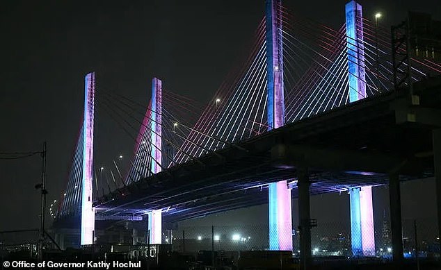The Tappan Zee Bridge appears illuminated in the colors of the trans pride flag in 2022