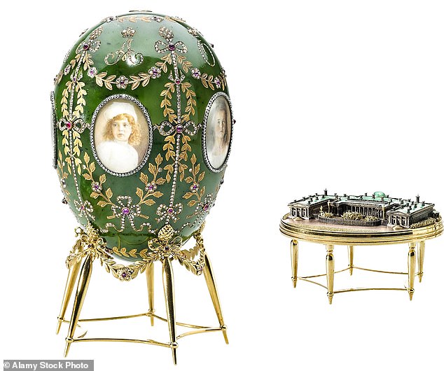 The Alexander Palace Egg, featuring watercolor portraits of the children of Nicholas II and Empress Alexandra and containing a model of the palace inside.