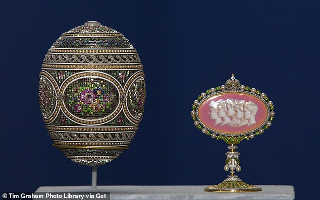Carl Fabergé's mosaic egg photographed in the Queens Gallery at Buckingham Palace.
