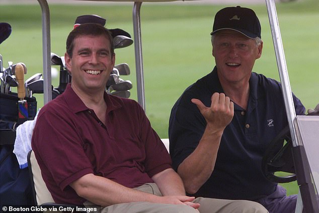 President Bill Clinton gestures to his golf partner, Prince Andrew, after teeing off.