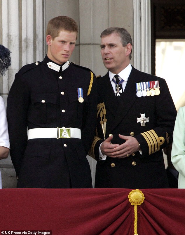 Prince Harry listens to words of wisdom from his uncle Prince Andrew on the 60th anniversary of the end of World War II