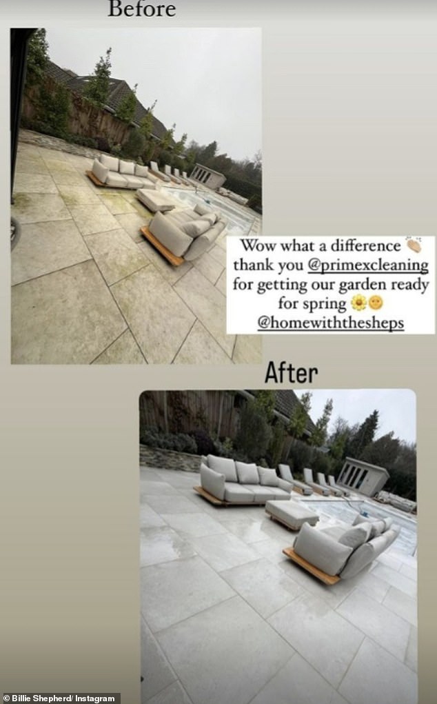 Sharing before and after photos, the pale gray tiles were covered in green moss and the weather-resistant sofa cushions looked worn.