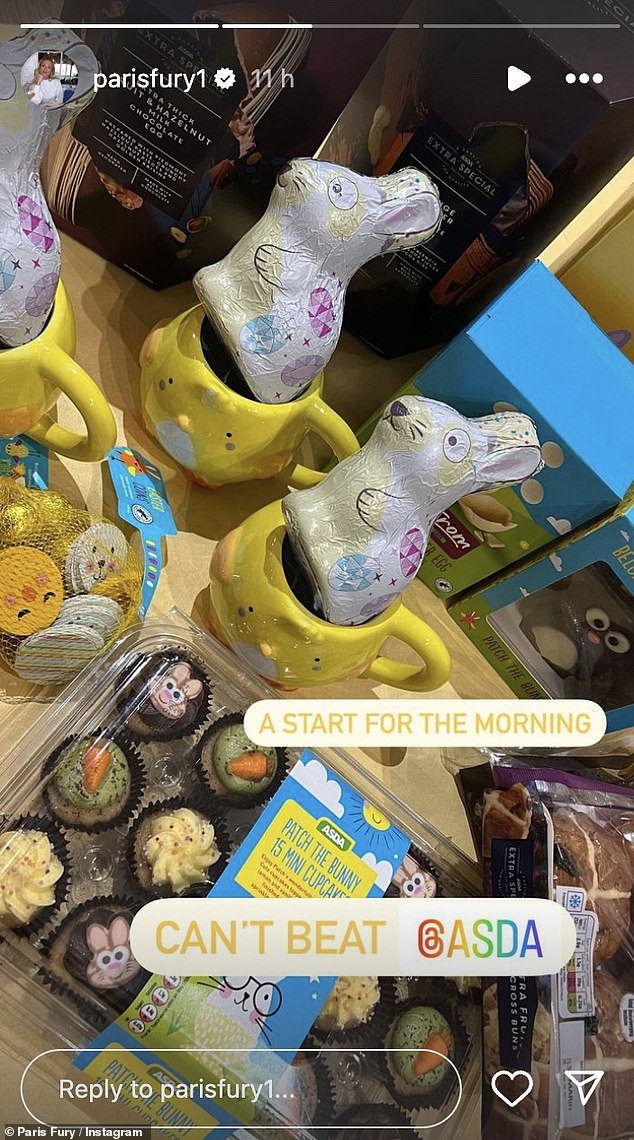 She took to Instagram to reveal an assortment of gifts bought in-store at Asda - chocolate eggs, Easter bunnies and cupcakes.