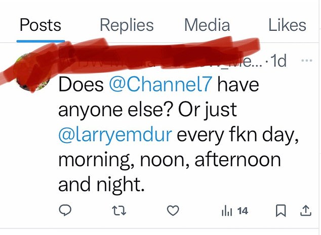 In a post on Instagram on Sunday, The Morning Show host shared the comment that read: 'Channel Seven has anyone else?'  Or simply Larry Emdur every day, morning, noon and night.
