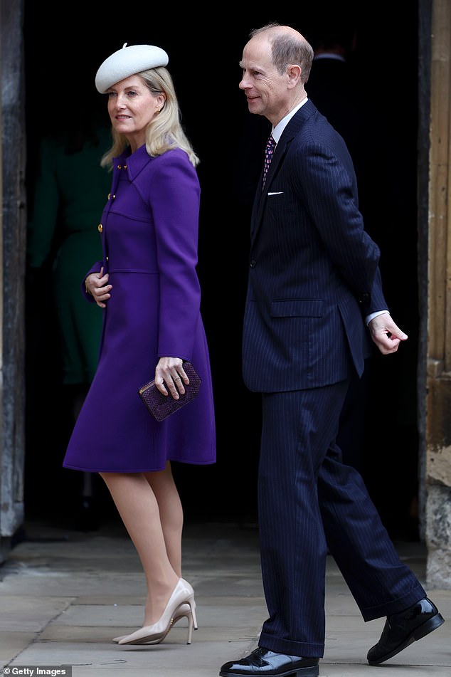Sophie wore her blonde locks down and today chose to wear bright natural makeup; Pictured is her with Prince Edward behind her.