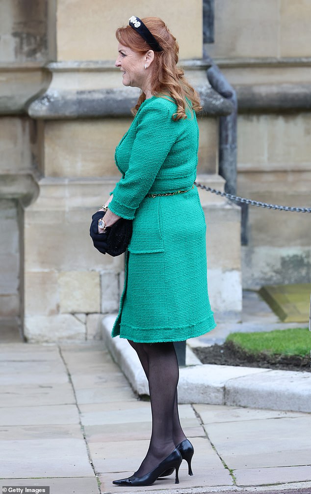 And Sarah Ferguson, the Duchess of York, opted for a bolder tone of the spring color, wearing a boucle dress with black heels.