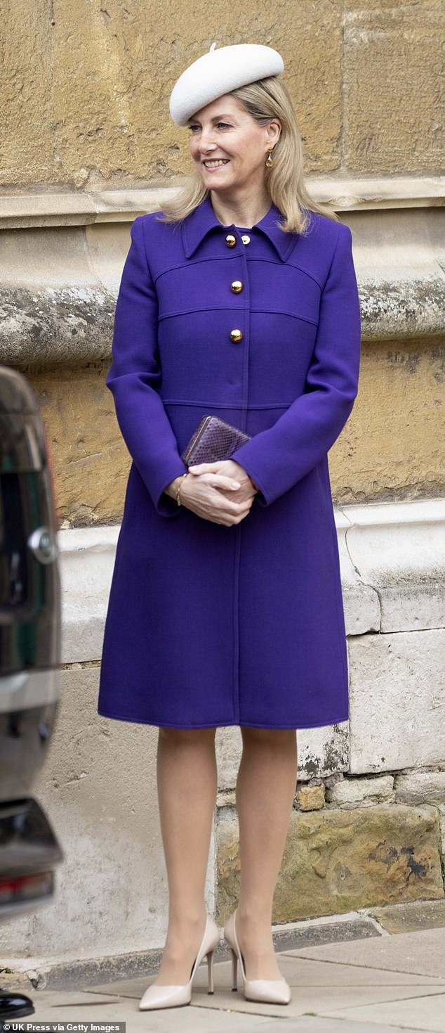 The royal opted for a vibrant purple blazer jacket, which showed off her sophisticated and slender figure.