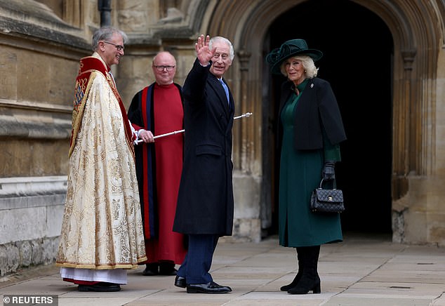King Charles and Queen Camilla arrive to attend the Easter Matins service at St George's Chapel, Windsor Castle.
