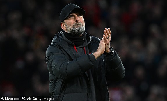 MANCHESTER, ENGLAND - MARCH 17: (SUN SUNDAY) Liverpool manager Jurgen Klopp shows his thanks to the fans at the end of the match at Old Trafford on March 17, 2024 in Manchester, England. (Photo by John Powell/Liverpool FC via Getty Images)