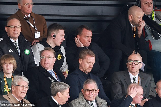Celtic manager Brendan Rodgers was forced to watch from the stands due to his sideline ban.