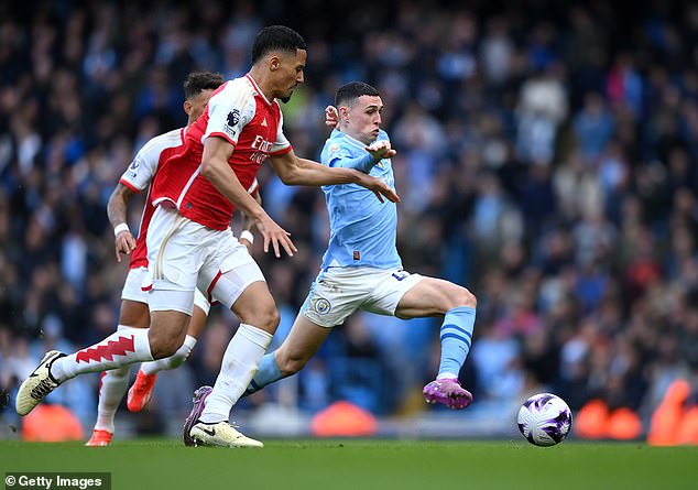 Saliba makes life difficult for City's attackers, including Phil Foden (right), in a nervous stalemate
