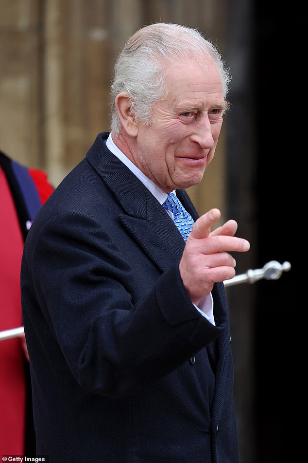 The king points out that on arriving at St George's Chapel in Windsor this morning, they were led to a side door of the church to avoid too much mixing - after doctors advised Charles against attending large gatherings.