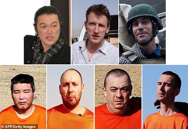 (Top to bottom, left to right) Kenji Goto, Japanese freelance video journalist, Peter, American aid worker "Abdel Rahman" Kassig, American freelance journalist James Foley, Japanese citizen Haruna Yukawa, American freelance writer Steven Sotloff, British citizen Alan Henning and British aid worker David Haines, the victims of the Islamic State militants known as the 'Beatles'