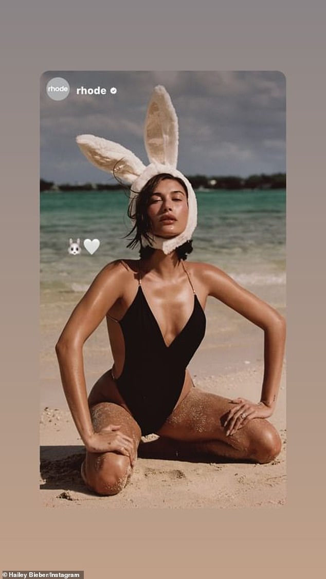 Hailey celebrated Easter with a hot photo of herself in a black swimsuit with bunny ears.