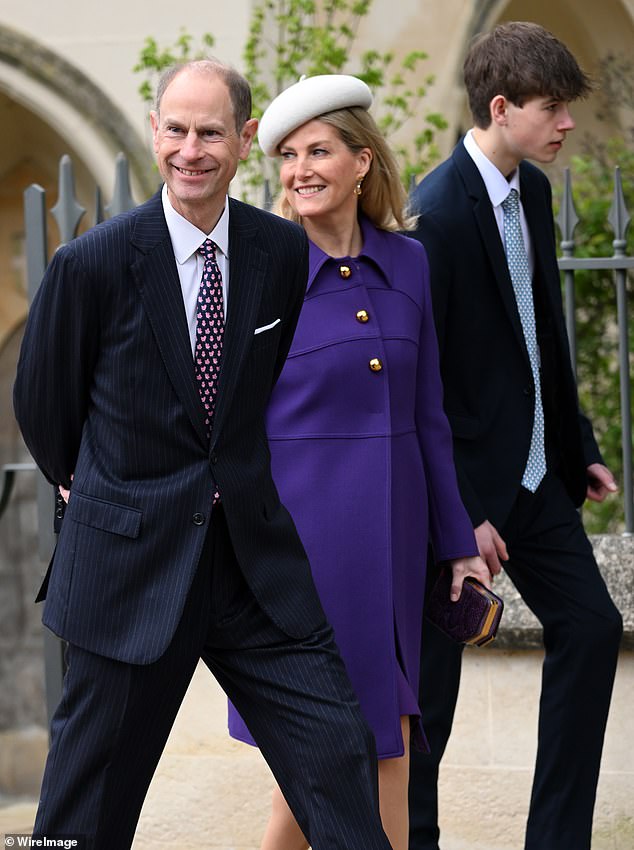 The Duke and Duchess of Edinburgh are pictured with their son James, Earl of Wessex, at Windsor Castle today.