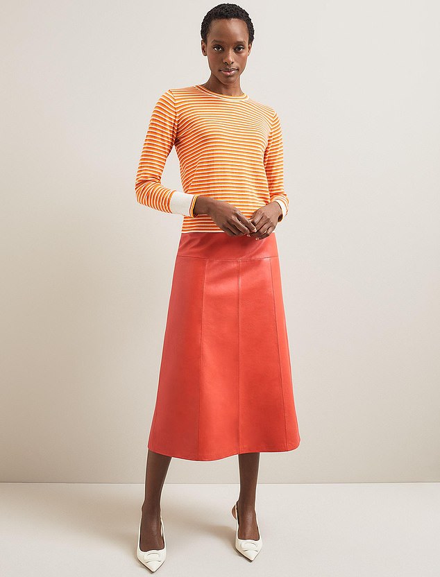 YES: Versatile elegance: Tangerine leather, £390, and striped top, £160, cefinn.com