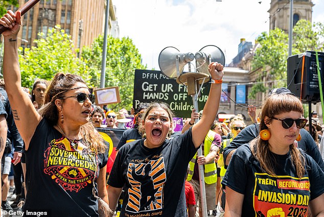 Treaty Day Protest Before the Invasion of Voices on January 26, 2023 in Melbourne, Australia