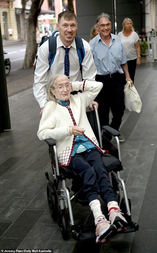 A 48-year-old man who says he is in a relationship with his grandfather's 104-year-old widow admits they have never had sex and don't even share a bedroom.  Mart Soeson is shown pushing his girlfriend Elfriede Riit in a wheelchair to the Administrative Court of Appeals.