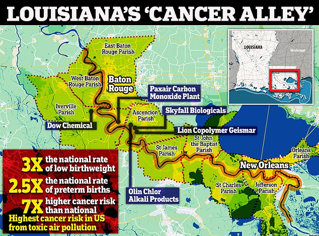 Along an 85-mile stretch of road in Louisiana, residents have seven times the risk of cancer than the national average