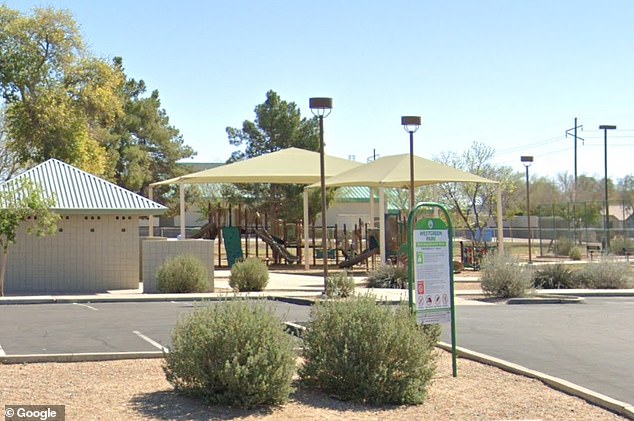 She allegedly drove her white Chevy Silverado, with her four children inside, at full speed toward 15 children standing at the WestGreen Park playground (pictured) in Peoria, Arizona, after an altercation on Tuesday.