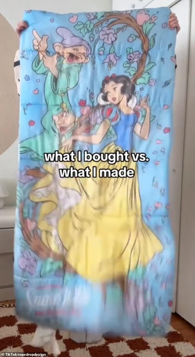 A woman has gone viral after upcycling old Disney blankets and sheets featuring cartoon characters into quilted jackets, bows and dresses.