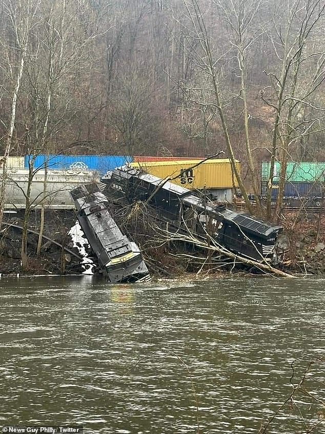 Norfolk Southern freight train veers off course and falls into river in Pennsylvania