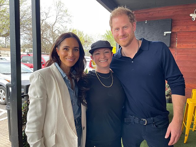 Prince Harry and Meghan Markle gave a warm hug to the owner of a Texas steakhouse when they arrived to visit.