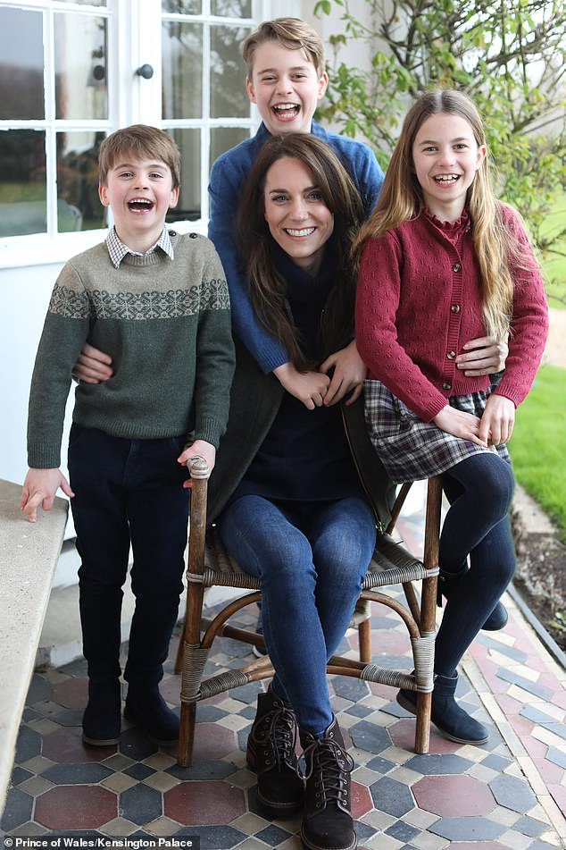 Pictured: Princess Catherine with her children George, Charlotte and Louis in a photograph released for Mother's Day this month.