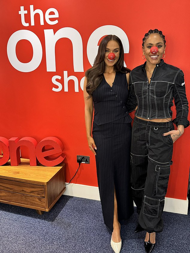 Alex Scott and Vicky Pattison sported fun red noses backstage at The One Show after returning from their Arctic adventure for Comic Relief.