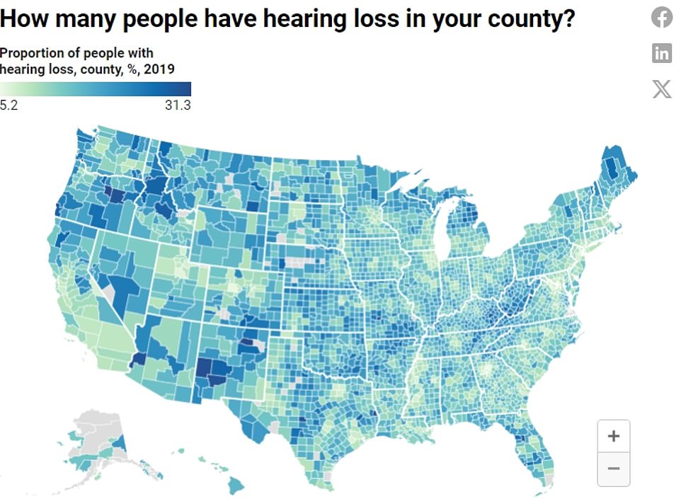 The map above shows the proportion of people estimated to have hearing loss by county.