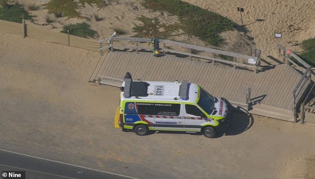 Brianna Hurst, a 33-year-old marketing executive from Melbourne, had just walked her Labrador Tobi and was sitting on the sand at Marengo Beach near Apollo Bay on Sunday afternoon when she heard a man shouting at help (photo: emergency services on site)