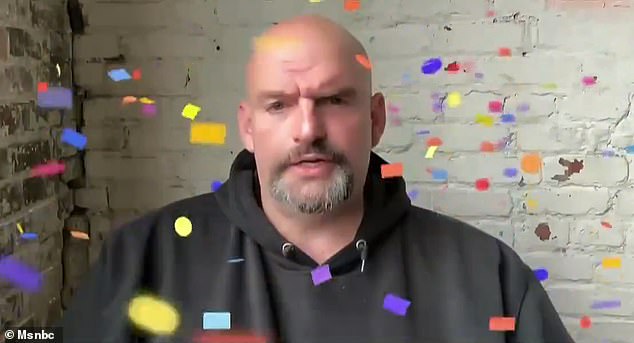 Pennsylvania Sen. John Fetterman ended up releasing confetti when he made the air-quote symbol on screen while on a Zoom interview on MSNBC last month