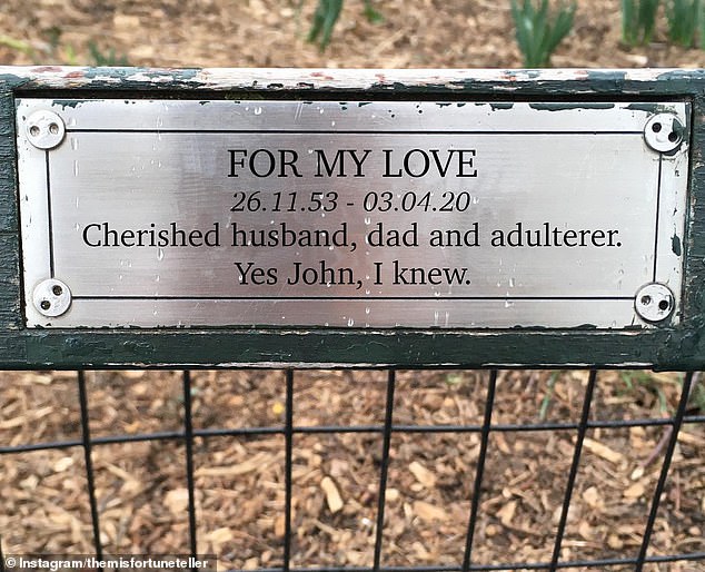 Artist claims bench sign remembering father husband adulterer is a