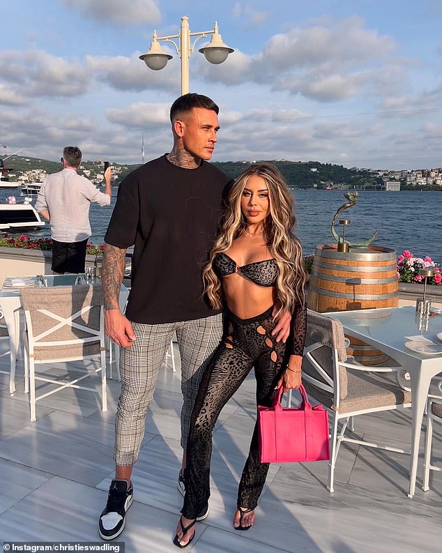 Influencer Christie Swadling (right) has given her followers a glimpse into her daily schedule after her fiance Joel Price (left) announced they were rehoming their dog because they were 'too busy' to look after it.