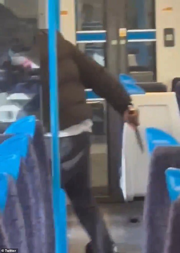 Footage shows the attacker on top of the man with a large sword in his hand on a moving train.