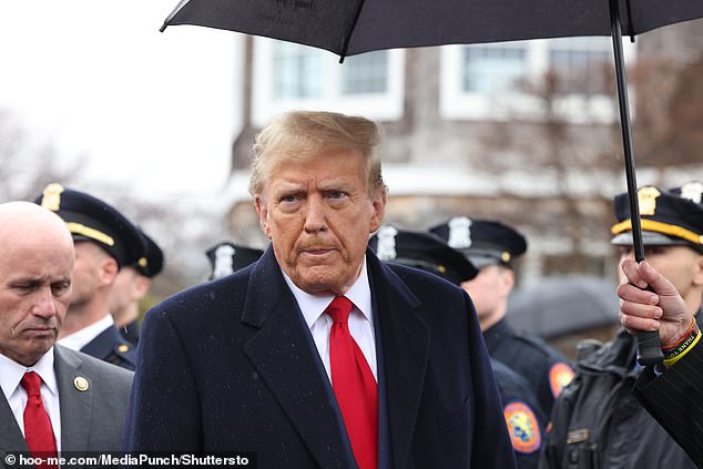 Former US President Donald Trump speaks to the media after attending the vigil for slain NYPD Officer Jonathan Diller at the Massapequa Funeral Home on March 28, 2024 in Massapequa, New York.