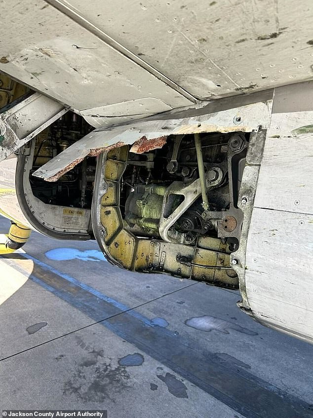 A United Airlines plane built by Boeing was grounded after it was found to be missing a panel, pictured, after landing after a flight.