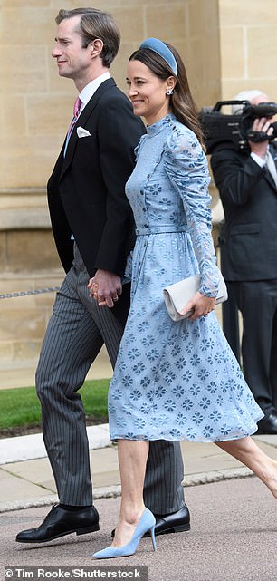Pippa, wearing a blue Kate Spade dress, attends the wedding of Lady Gabriella Windsor to her husband James Matthews at Windsor Castle in 2019.