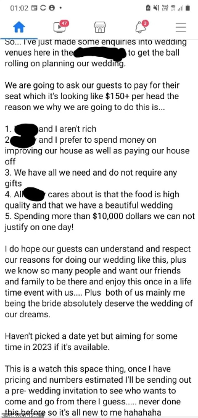 This anonymous bride, believed to reside in the US, came under fire when her post appeared on Reddit, in their Wedding Shaming thread.