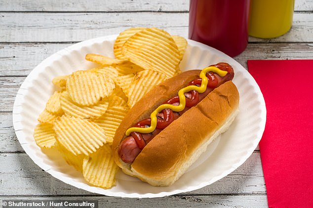 A hot dog and crips on a paper plate on a white table (stock image)