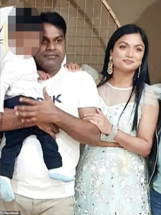 Chaithanya 'Swetha' Madhagani (left) is pictured with her husband Ashok Raj Varikuppala and their son.  Madhagani's body was found in a dustbin on Saturday