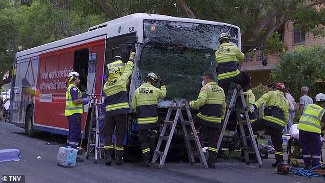 Dozens of passengers injured after two buses collided in southwest Sydney (pictured)