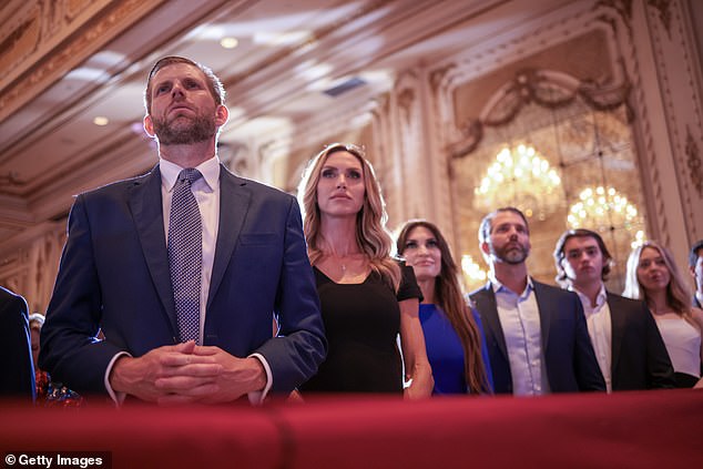 Trump was watched by family members. From left to right: Eric Trump, Lara Trump, Kimberly Guilfoyle, Donald Trump Jr. Tiffany Trump is on the far right but there was no sign of Melania.